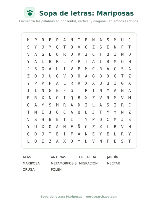 Sopa de letras: Mariposas