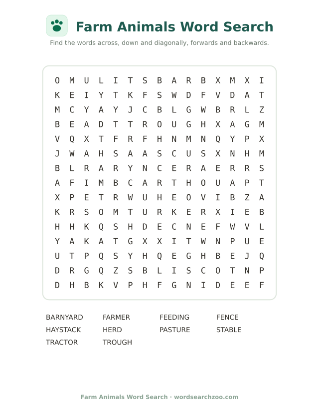 Farm Animals word search