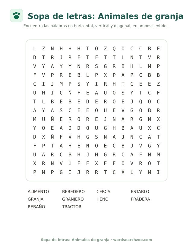 Sopa de letras: Animales de granja