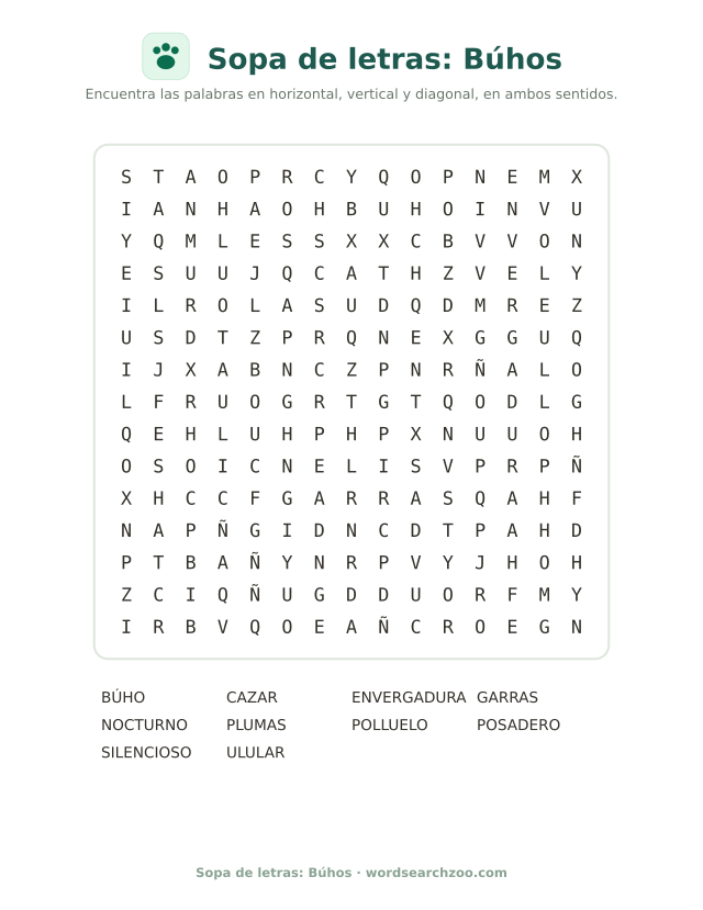 Sopa de letras: Búhos