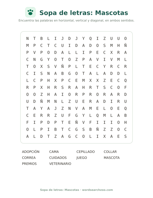 Sopa de letras: Mascotas