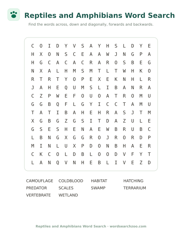Reptiles and Amphibians word search