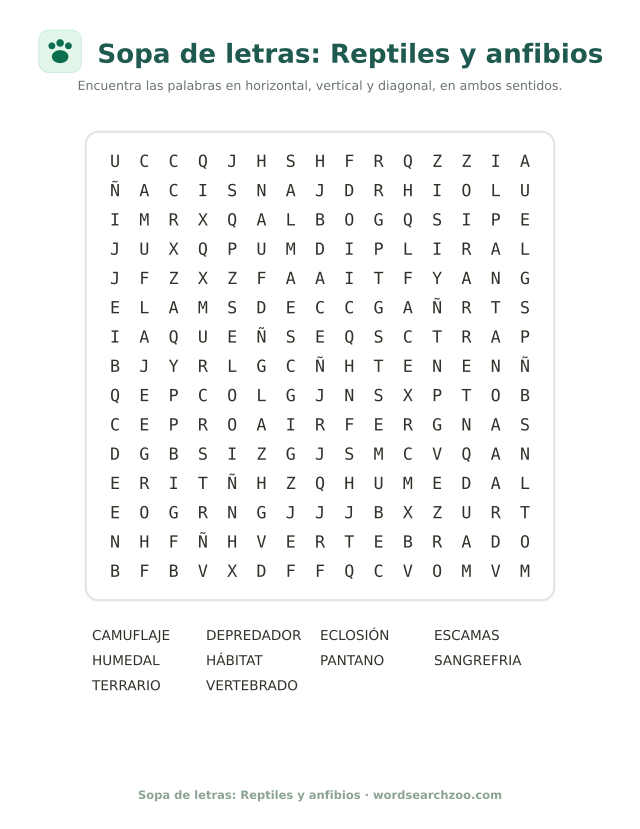 Sopa de letras: Reptiles y anfibios