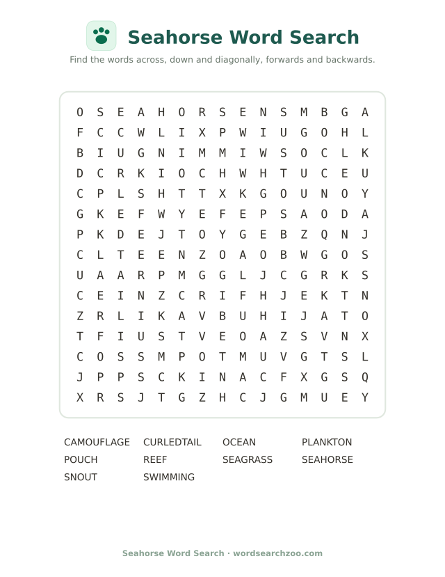Seahorse word search