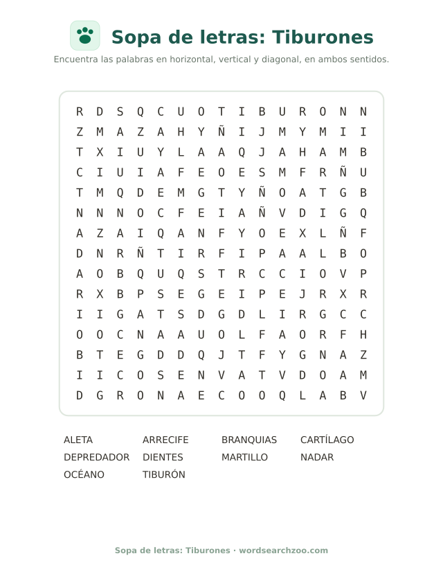 Sopa de letras: Tiburones