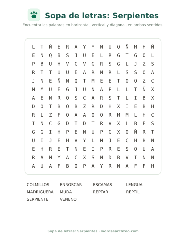 Sopa de letras: Serpientes