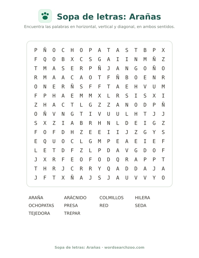 Sopa de letras: Arañas