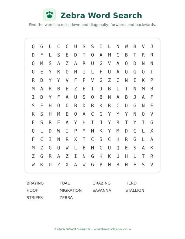 Zebra word search