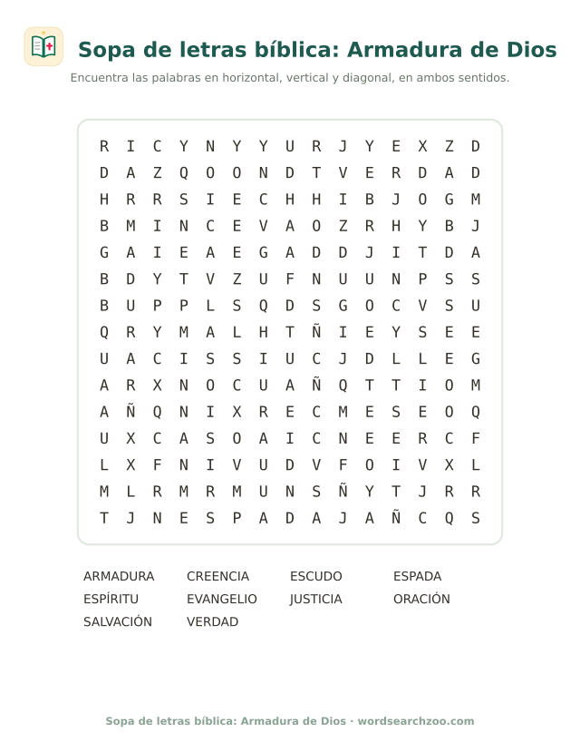 Sopa de letras bíblica: Armadura de Dios
