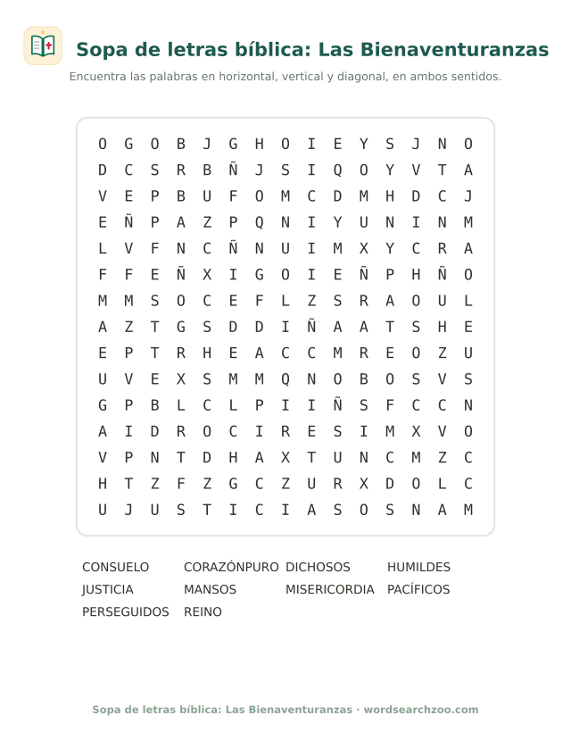 Sopa de letras bíblica: Las Bienaventuranzas