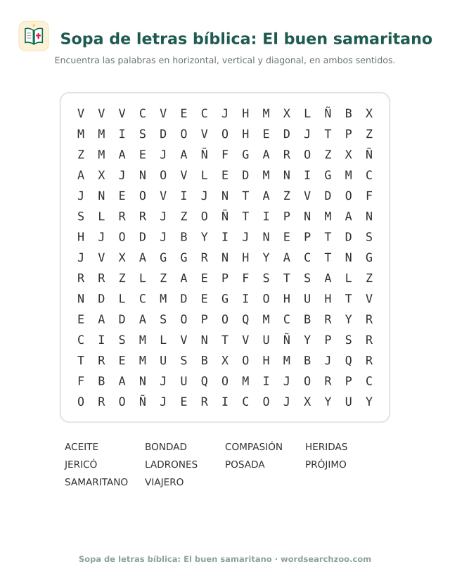 Sopa de letras bíblica: El buen samaritano