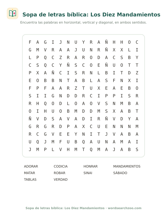Sopa de letras bíblica: Los Diez Mandamientos