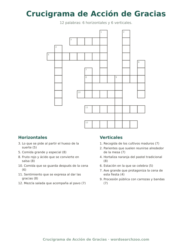 Crucigrama de Acción de Gracias