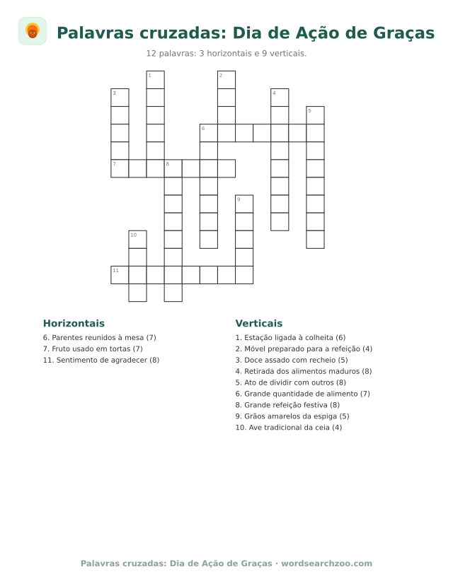 Palavras cruzadas: Dia de Ação de Graças