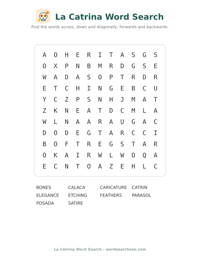 La Catrina word search to print, an 11x11 grid with calaca, parasol and etching