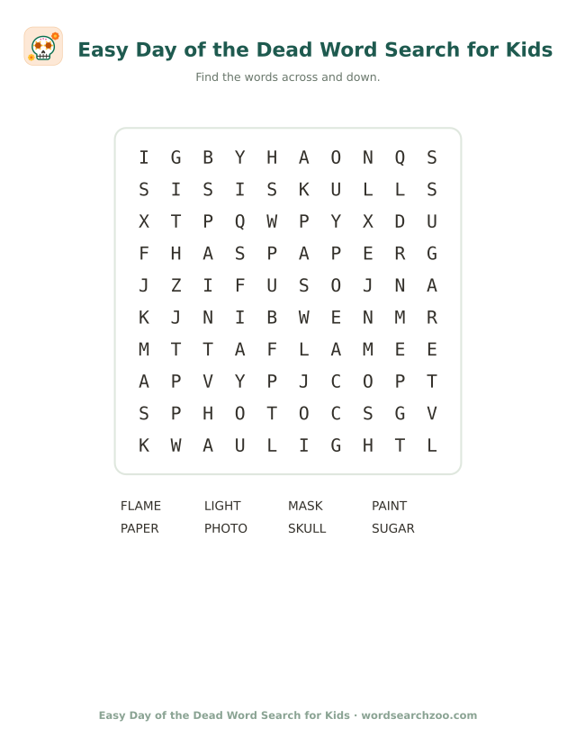 Easy Day of the Dead word search for kids, a 10x10 grid with skull, photo and paper