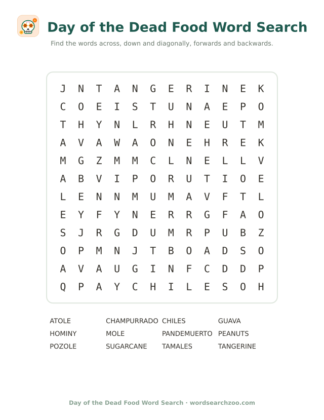 Day of the Dead food word search to print, a 12x12 grid with pan de muerto, atole and champurrado