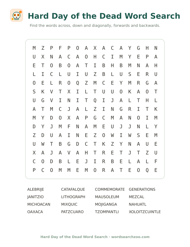 Hard Day of the Dead word search to print, a 15x15 grid with xoloitzcuintle, Patzcuaro and tzompantli