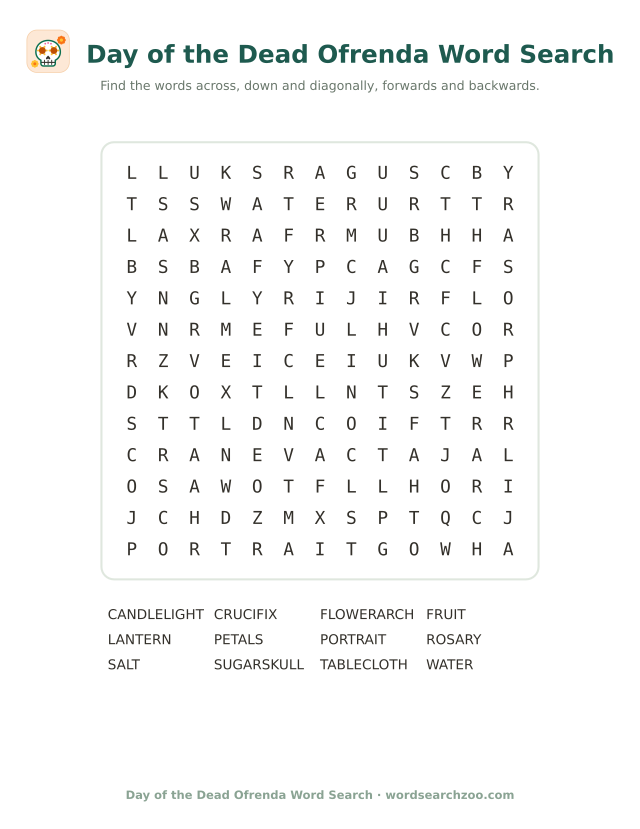 Day of the Dead ofrenda word search to print, a 13x13 grid with portrait, candlelight and sugar skull
