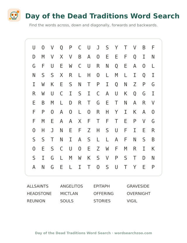 Day of the Dead traditions word search to print, a 14x14 grid with vigil, graveside and angelitos