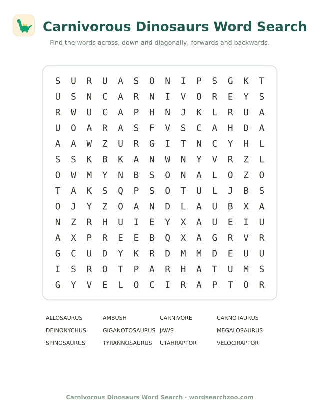 Carnivorous dinosaurs word search to print, a 14x14 grid with tyrannosaurus and velociraptor