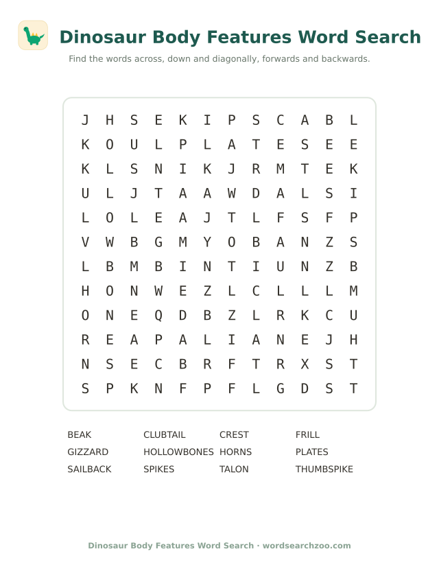 Dinosaur body features word search to print, a 12x12 grid with frill, crest, plates and spikes