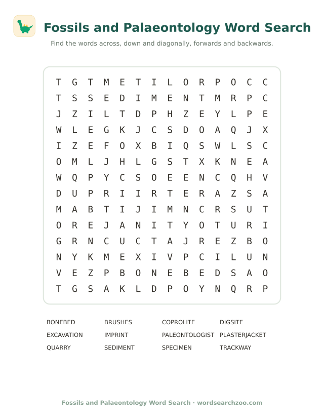 Fossils and palaeontology word search to print, a 14x14 grid with palaeontologist and coprolite