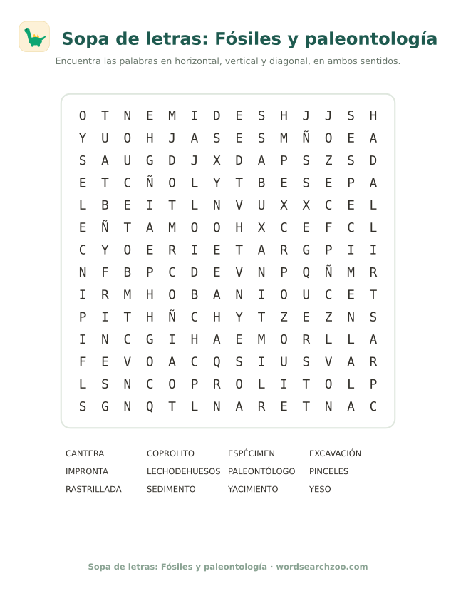 Sopa de letras de fósiles y paleontología, tablero de 14x14 con paleontólogo y coprolito