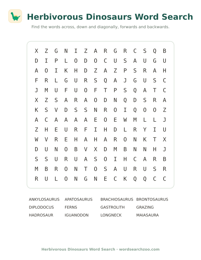 Herbivorous dinosaurs word search to print, a 14x14 grid with brachiosaurus and diplodocus
