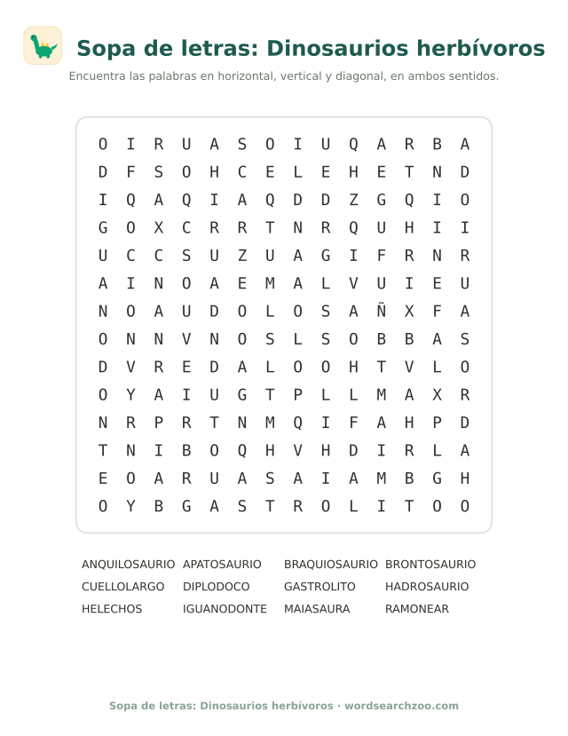 Sopa de letras de dinosaurios herbívoros, tablero de 14x14 con braquiosaurio y diplodoco