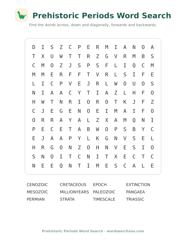 Prehistoric periods word search to print, a 14x14 grid with Triassic, Cretaceous and Pangaea