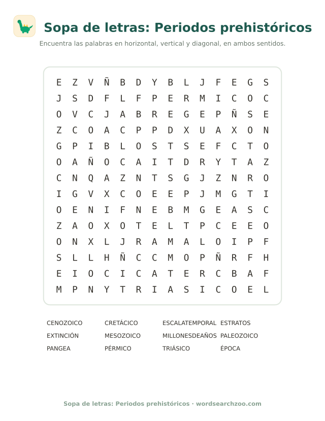 Sopa de letras de periodos prehistóricos, tablero de 14x14 con Triásico y Cretácico