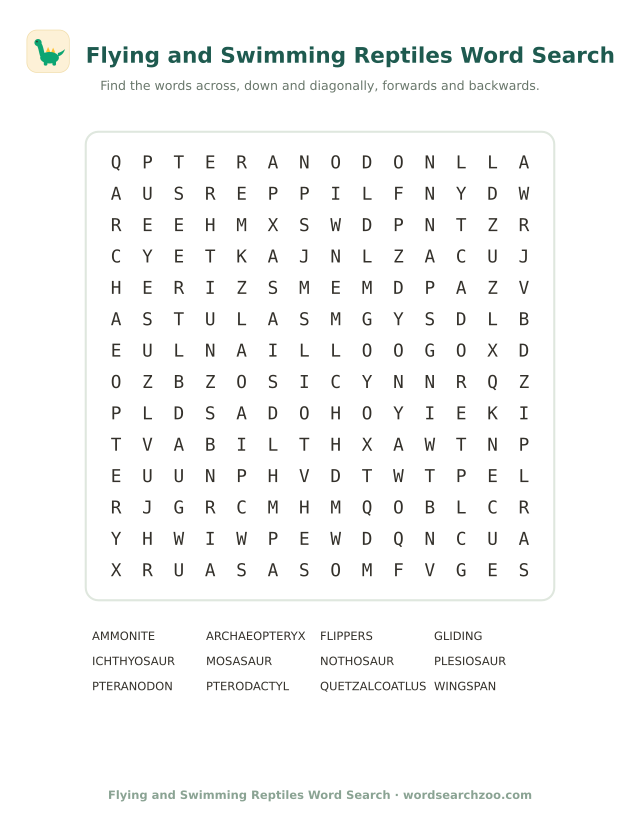 Flying and swimming reptiles word search to print, a 14x14 grid with pteranodon and plesiosaur