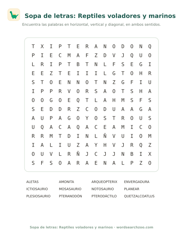 Sopa de letras de reptiles voladores y marinos, tablero de 14x14 con pteranodón y amonita