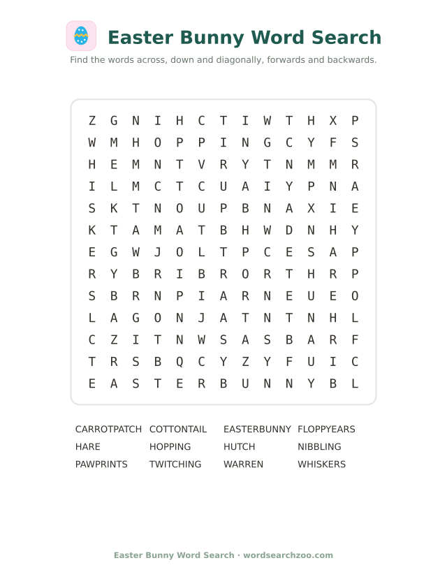 Easter bunny word search to print, a 13x13 grid with cottontail, warren and floppy ears