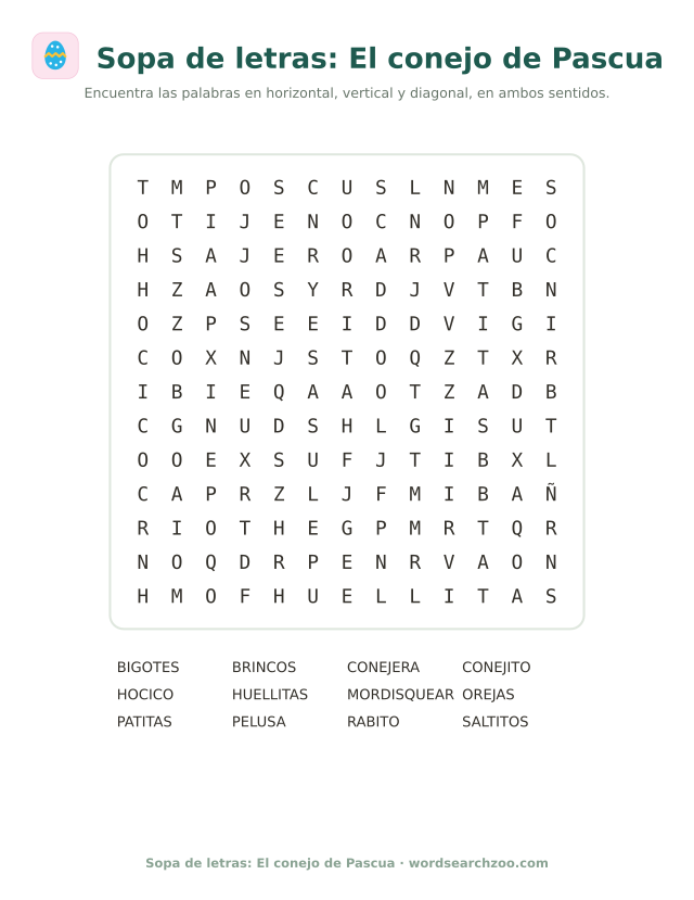 Sopa de letras del conejo de Pascua, tablero de 13x13 con conejera, hocico y saltitos
