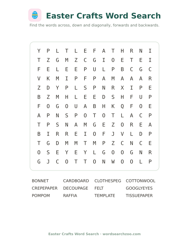 Easter crafts word search to print, a 13x13 grid with bonnet, raffia and crepe paper
