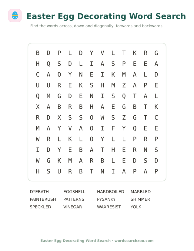 Easter egg decorating word search to print, a 12x12 grid with dye bath, pysanky and wax resist
