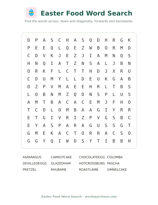 Easter food word search to print, a 14x14 grid with hot cross buns, simnel cake and pascha
