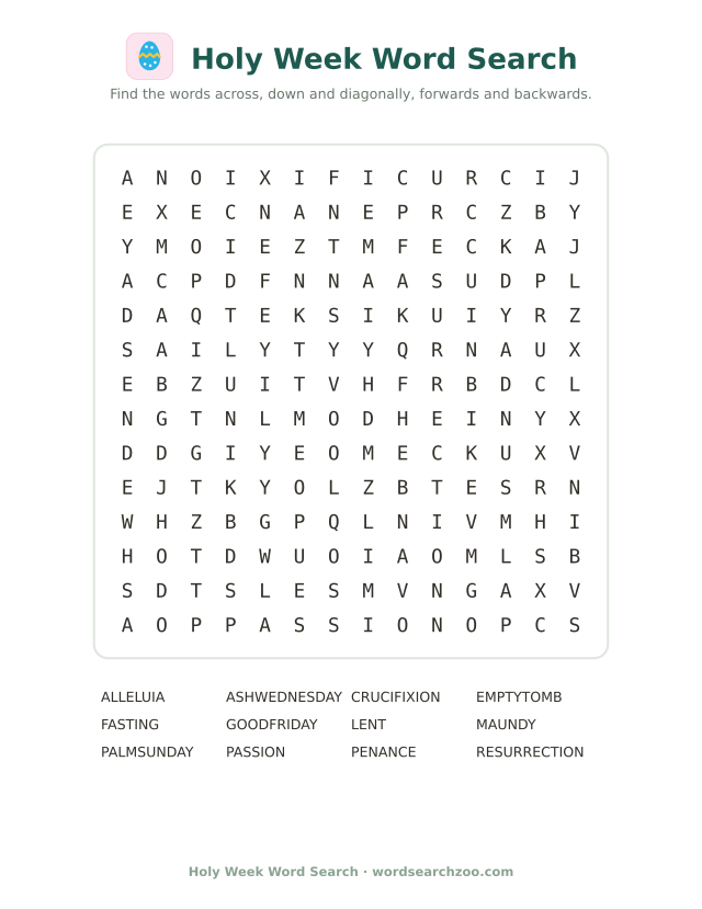 Holy Week word search to print, a 14x14 grid with Palm Sunday, Ash Wednesday and resurrection