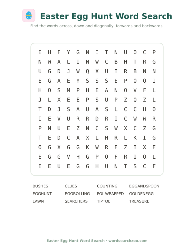 Easter egg hunt word search to print, a 13x13 grid with egg rolling, golden egg and foil wrapped