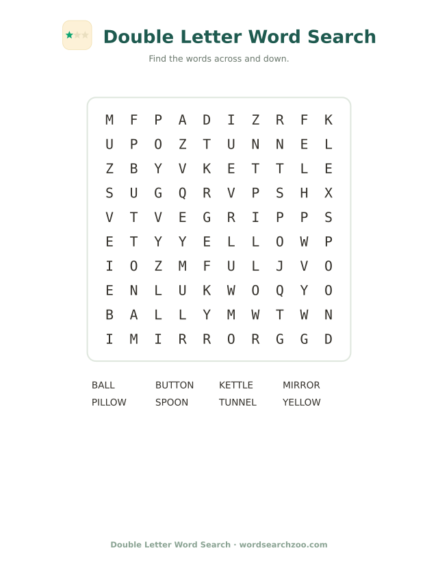 Double letter word search to print, a 10x10 grid with button, yellow, kettle and mirror