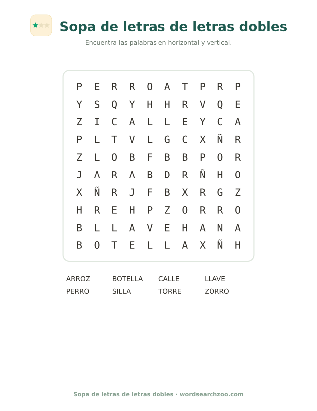 Sopa de letras de letras dobles, tablero de 10x10 con perro, silla, llave y arroz