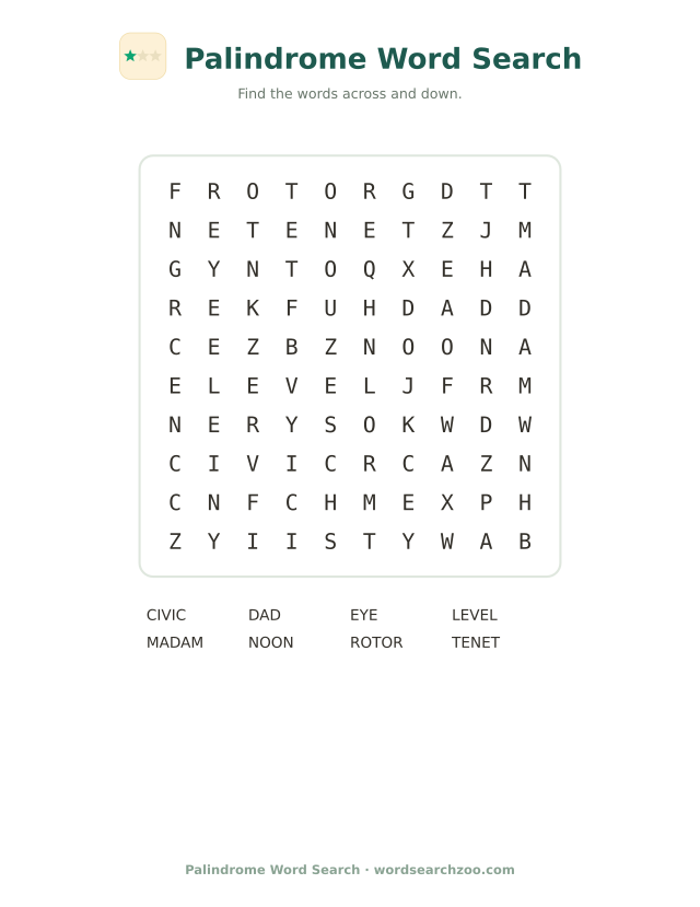 Palindrome word search to print, a 10x10 grid with level, madam, civic and rotor