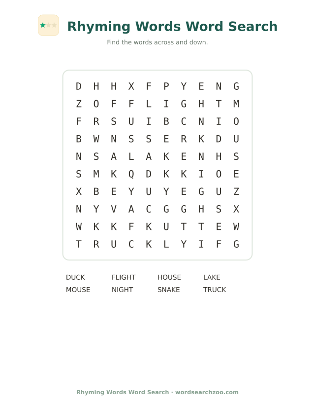 Rhyming words word search to print, a 10x10 grid with mouse, house, snake and lake