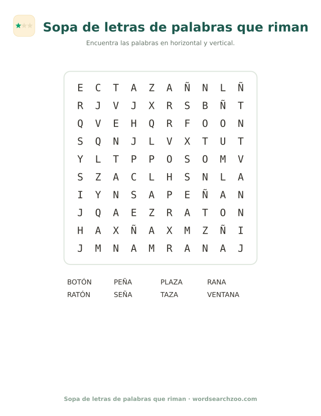 Sopa de letras de palabras que riman, tablero de 10x10 con ratón, botón, taza y plaza