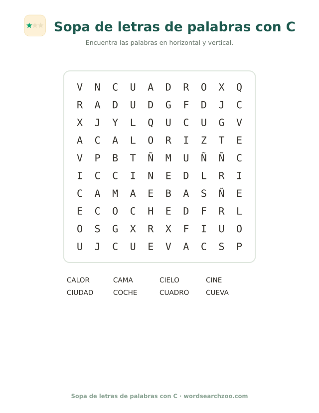 Sopa de letras de palabras con C, tablero de 10x10 con cama, cielo, coche y cueva