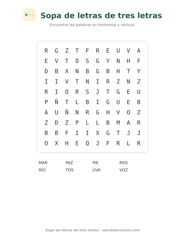 Sopa de letras de tres letras para imprimir, tablero de 10x10 con mar, paz, uva y voz