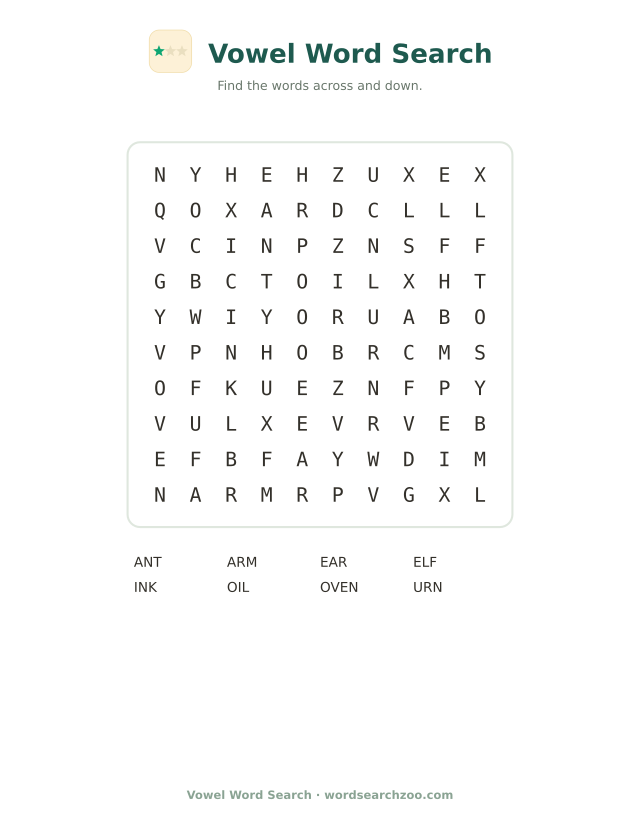 Vowel word search to print, a 10x10 grid with ant, ear, ink and oven