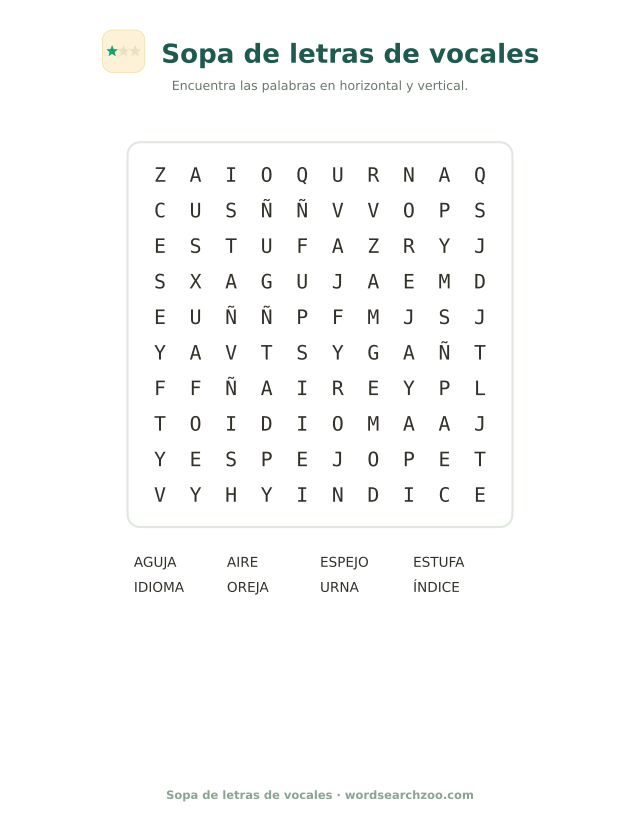 Sopa de letras de vocales, tablero de 10x10 con aire, espejo, oreja y urna